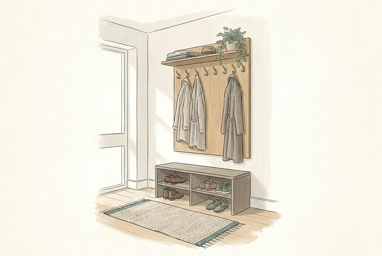 Illustration: Ein Flur mit Garderobenpaneel aus Holz mit Haken und Hutablage, darunter eine niedrige Schuhbank mit Schuhen.