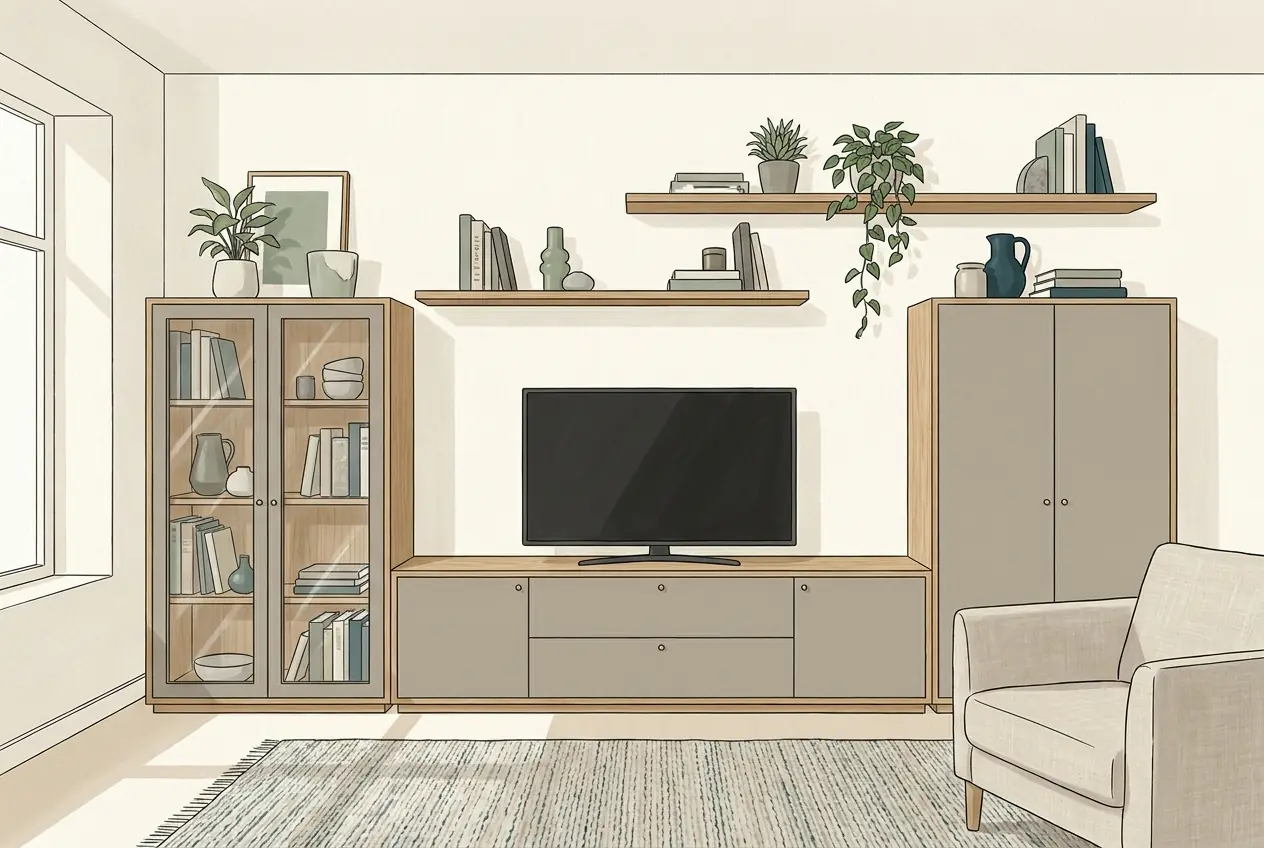 Illustration: Eine Wohnwand aus niedrigem TV-Lowboard mit Fernseher, einem Vitrinenschrank links, einem geschlossenen Hochschrank rechts und Wandregalen darüber.